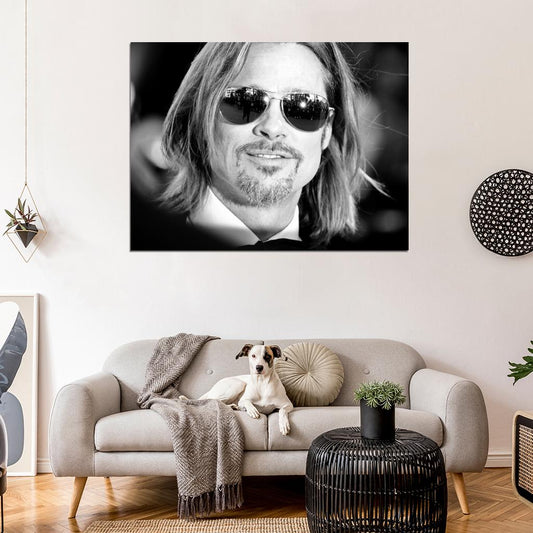 Brad Pitt Portrait Long Hair Sunglasses Awesome BW Wall Art Print Poster