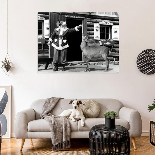 Santa Claus House Deer Vintage BW Retro Wall Art Print Poster