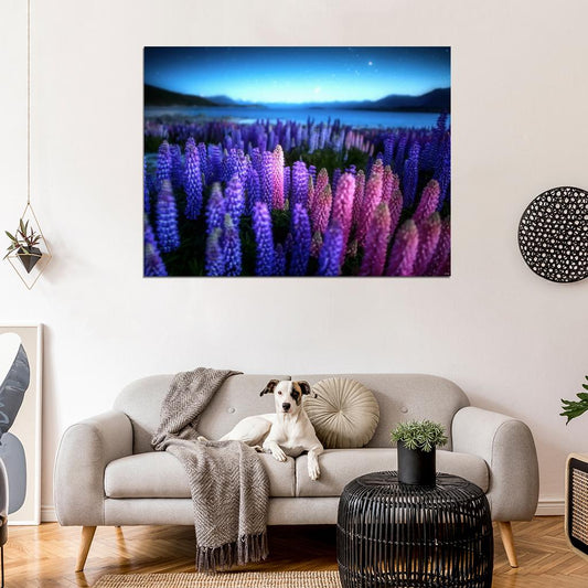 New Zealand Beautiful Lake Flower Night Purple Wall Decor Room Print Poster