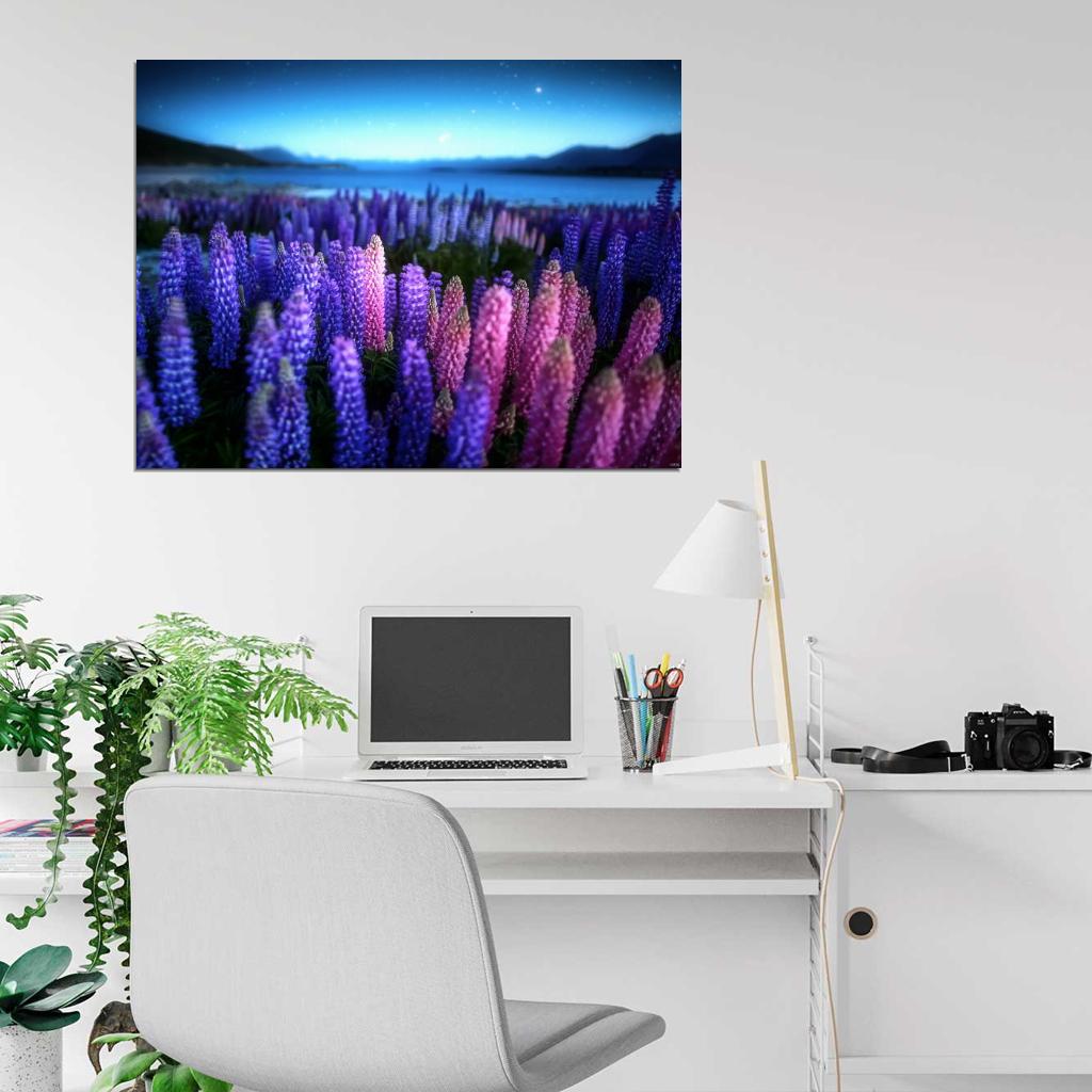 New Zealand Beautiful Lake Flower Night Purple Wall Decor Room Print Poster