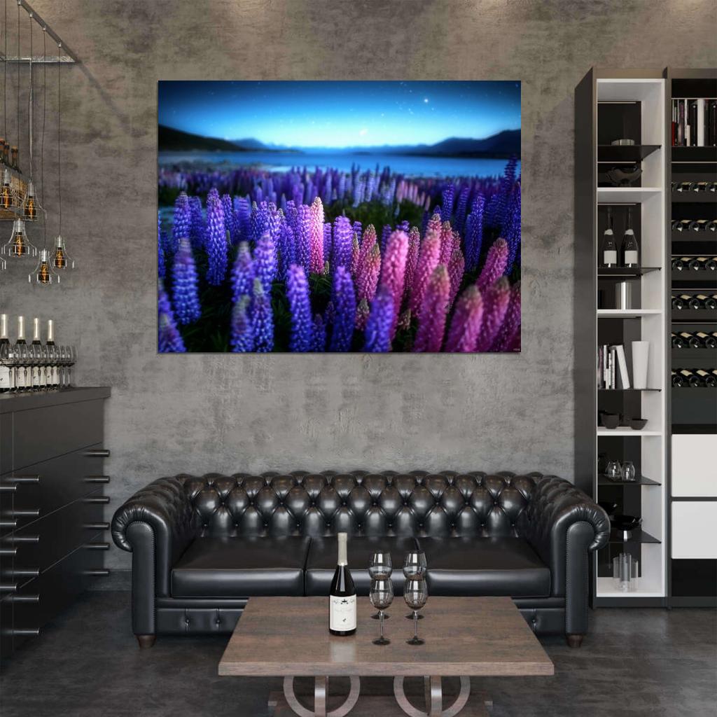 New Zealand Beautiful Lake Flower Night Purple Wall Decor Room Print Poster