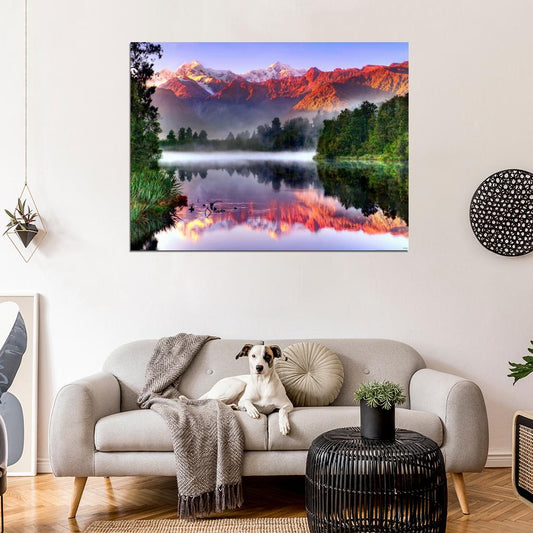 Mountains Lake Mist Sunset Beautiful Nature Wall Decor Room Print Poster