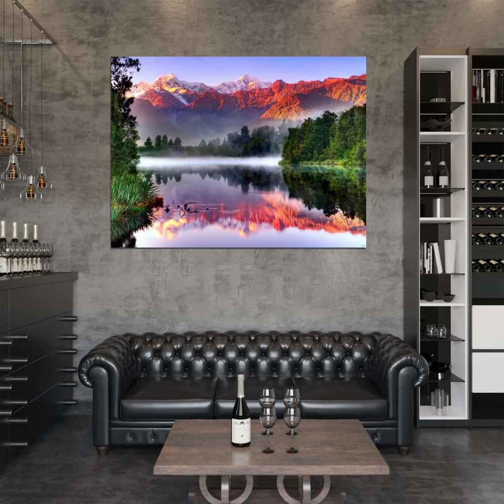Mountains Lake Mist Sunset Beautiful Nature Wall Decor Room Print Poster