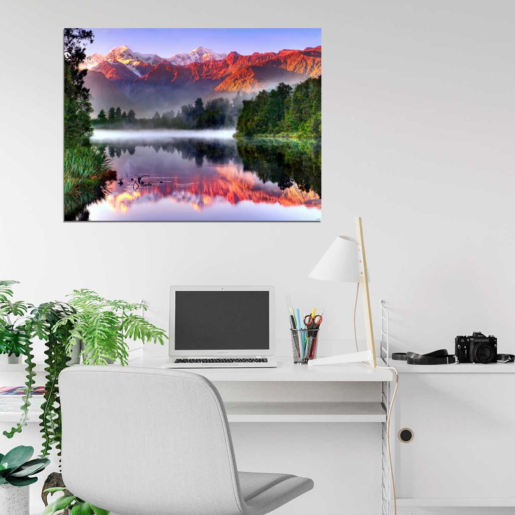 Mountains Lake Mist Sunset Beautiful Nature Wall Decor Room Print Poster