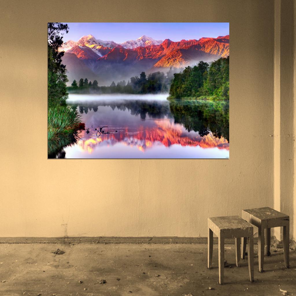 Mountains Lake Mist Sunset Beautiful Nature Wall Decor Room Print Poster