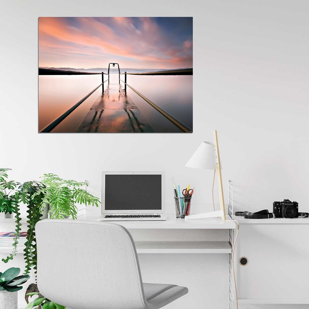 Pier Water Lake Mist Sunset Beautiful Nature Wall Decor Room Print Poster