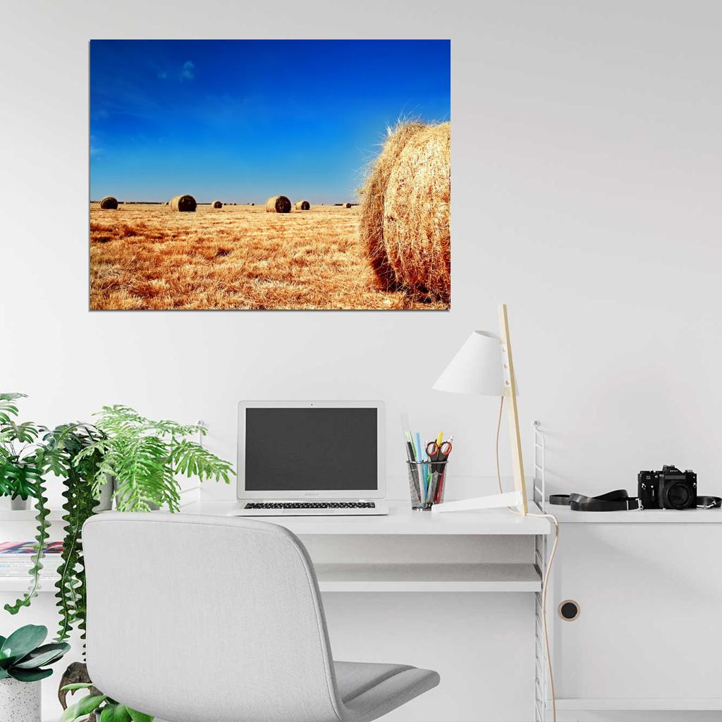 Round Straw Bales Blue Sky Beautiful Nature Wall Decor Room Print Poster