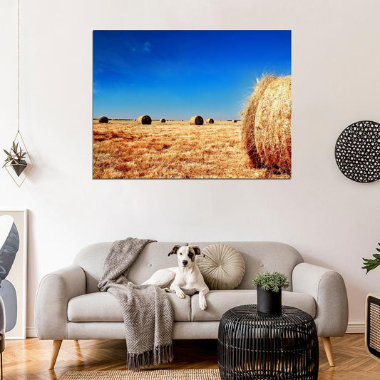 Round Straw Bales Blue Sky Beautiful Nature Wall Decor Room Print Poster