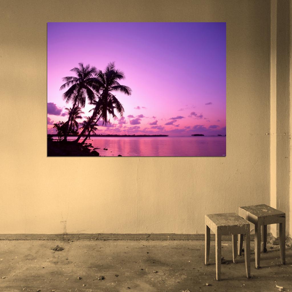 Purple Sunset Tropical Beach Palm Trees Nature Wall Decor Room Print Poster
