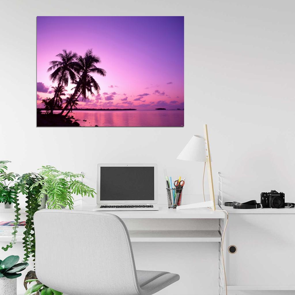 Purple Sunset Tropical Beach Palm Trees Nature Wall Decor Room Print Poster