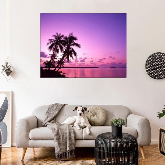 Purple Sunset Tropical Beach Palm Trees Nature Wall Decor Room Print Poster