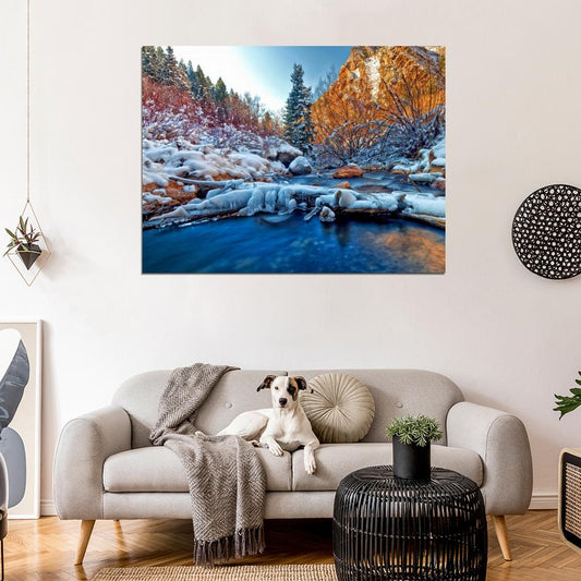 Winter River Snow Ice Cliffs Forest Beautiful Wall Decor Room Print Poster