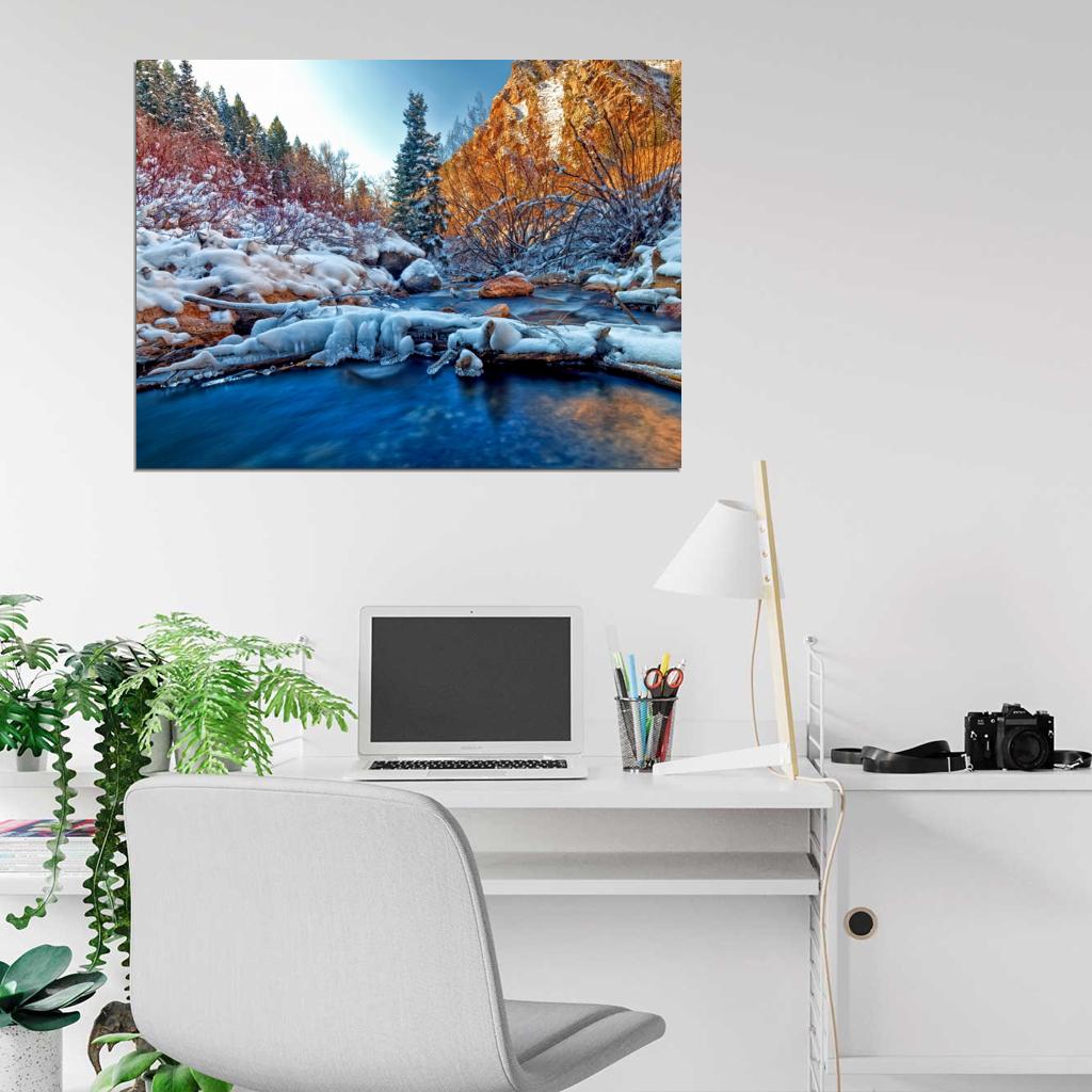 Winter River Snow Ice Cliffs Forest Beautiful Wall Decor Room Print Poster