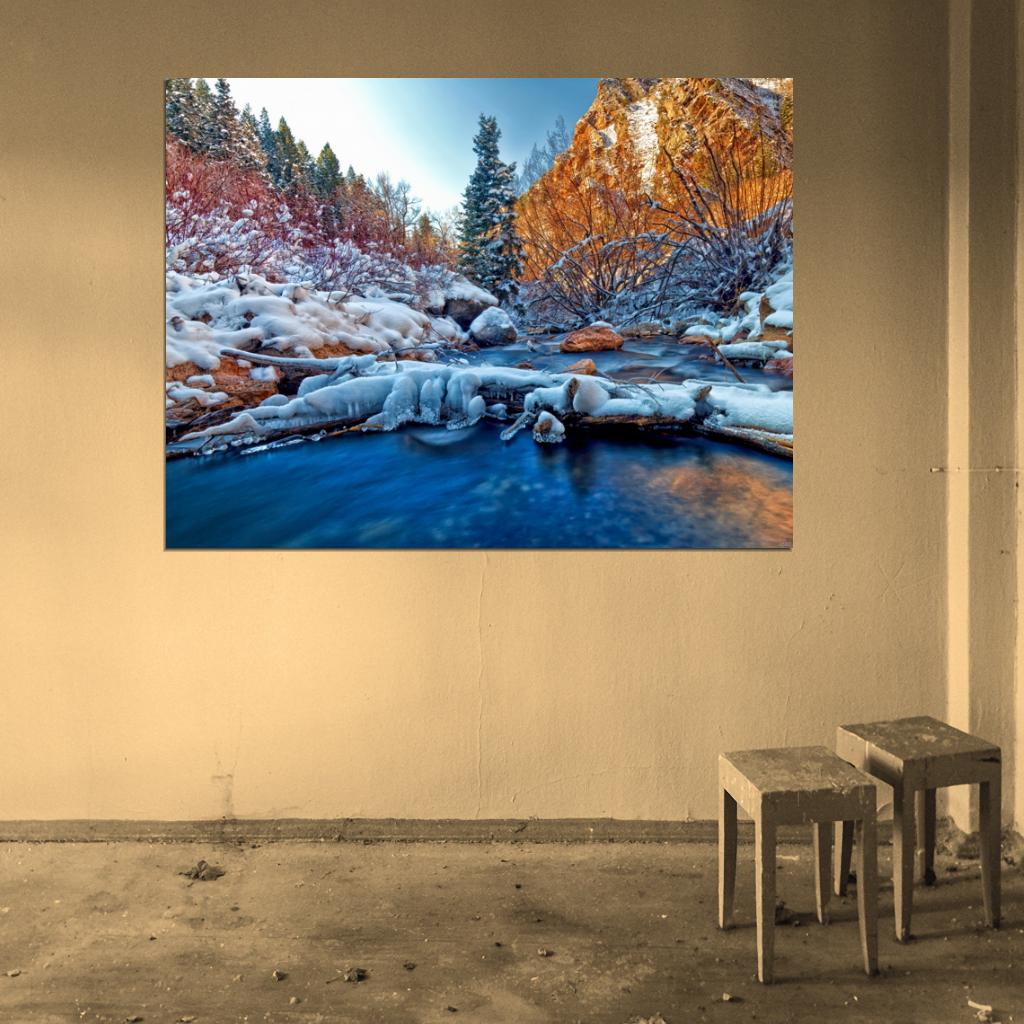 Winter River Snow Ice Cliffs Forest Beautiful Wall Decor Room Print Poster