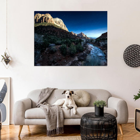 Zion Park Night Stars Cliffs River Beautiful Wall Decor Room Print Poster