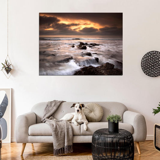 Sunset Sea Rocks Waves Foam Beautiful Nature Wall Decor Room Print Poster