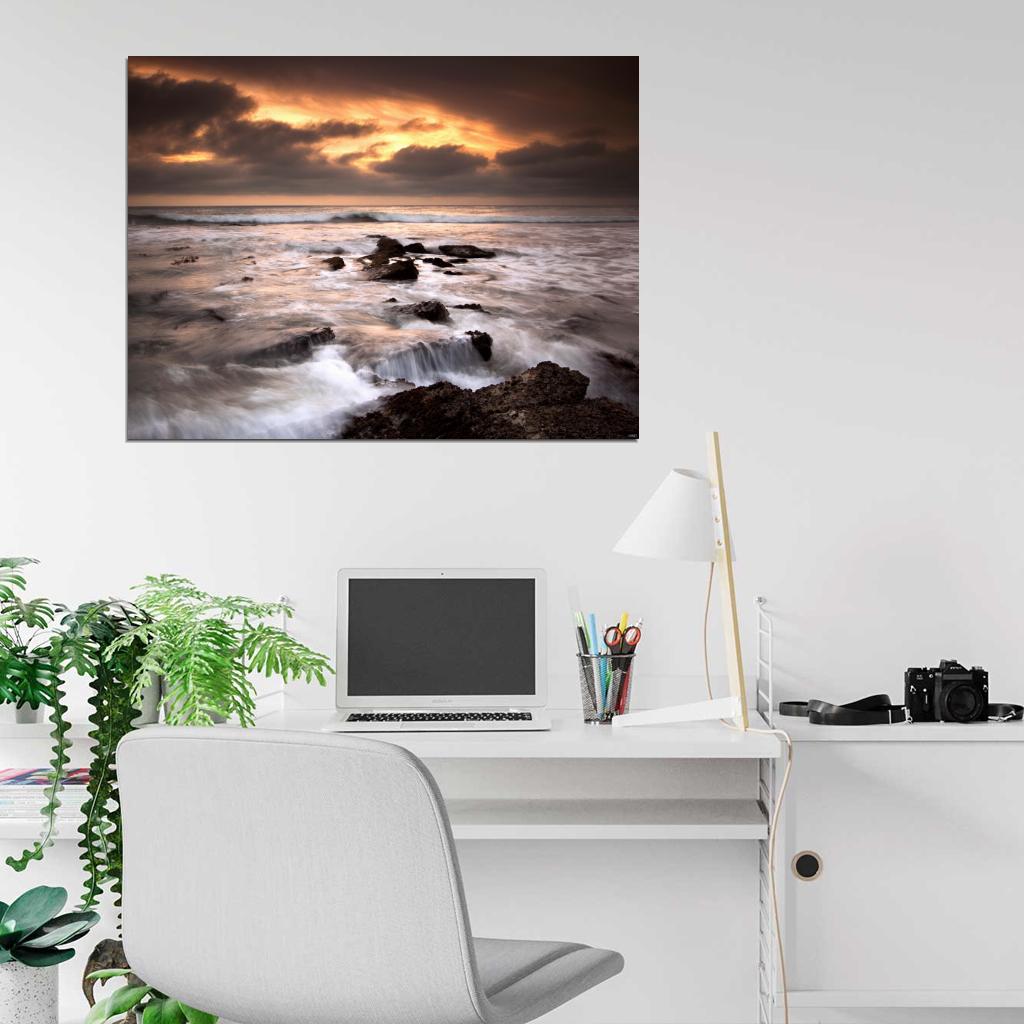 Sunset Sea Rocks Waves Foam Beautiful Nature Wall Decor Room Print Poster