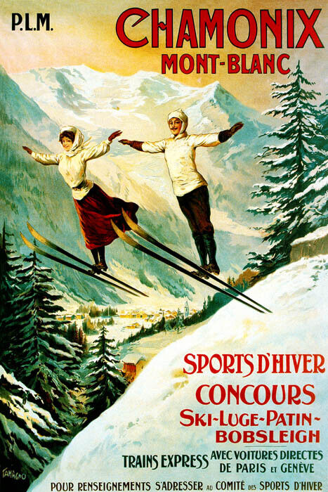 ALPS CHAMONIX MONT BLANC WINTER SPORTS SKI JUMPING SKIING VINTAGE POSTER