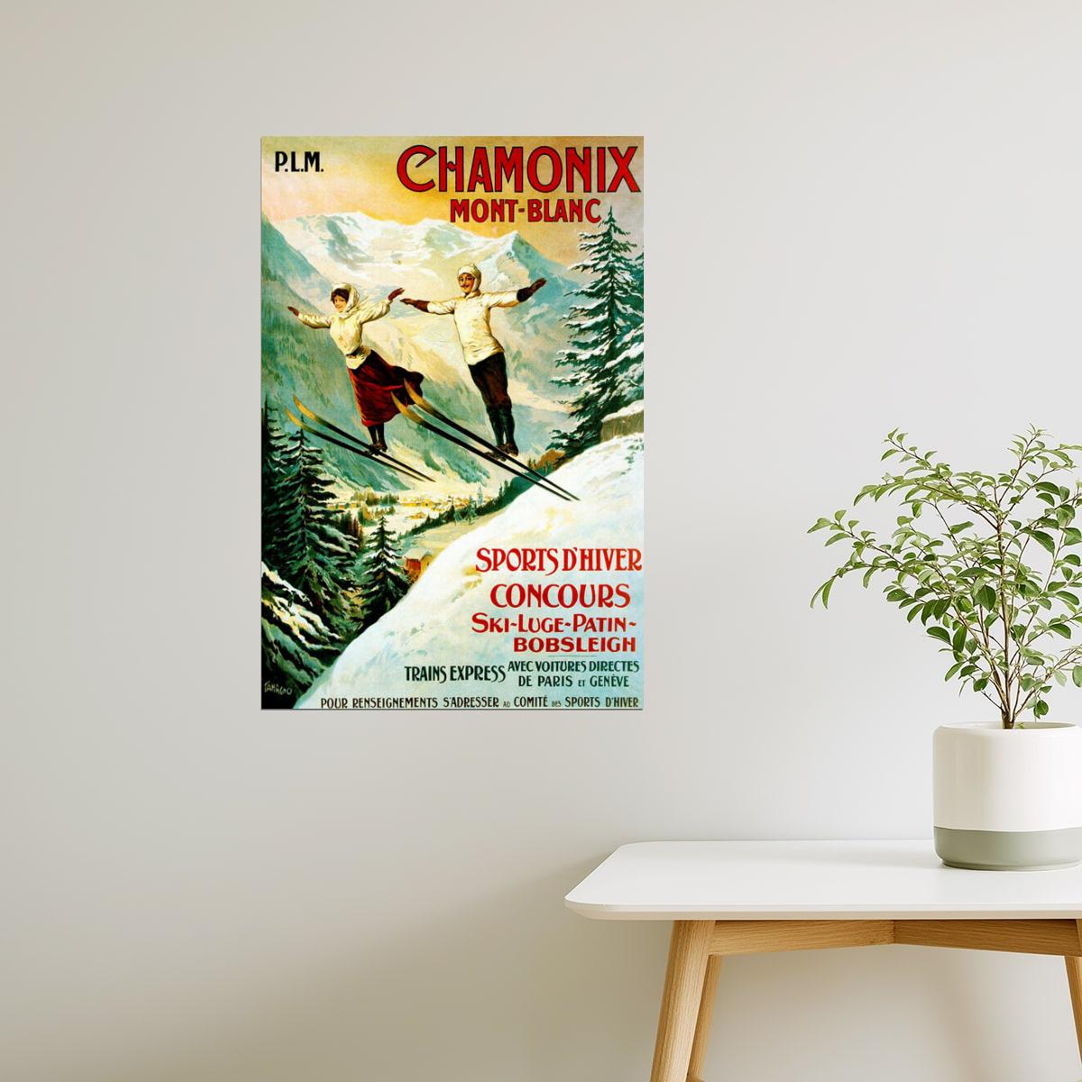 ALPS CHAMONIX MONT BLANC WINTER SPORTS SKI JUMPING SKIING VINTAGE POSTER
