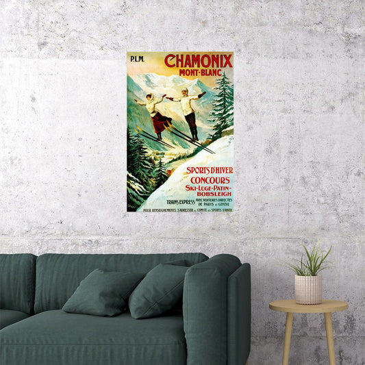 ALPS CHAMONIX MONT BLANC WINTER SPORTS SKI JUMPING SKIING VINTAGE POSTER