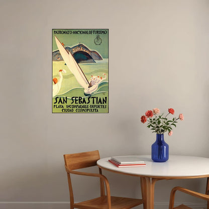 SAN SEBASTIAN SPAIN SAILBOAT SPEED SAILING SPORT TRAVEL VINTAGE POSTER