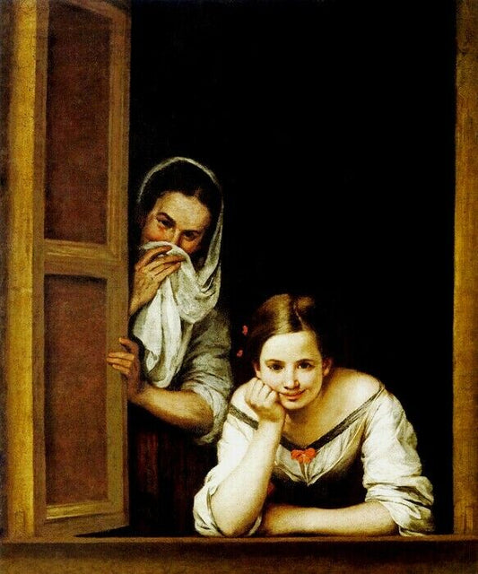 TWO WOMEN AT A WINDOW 1655 SPANISH PAINTING BY BARTOLOME ESTEBAN MURILLO POSTER