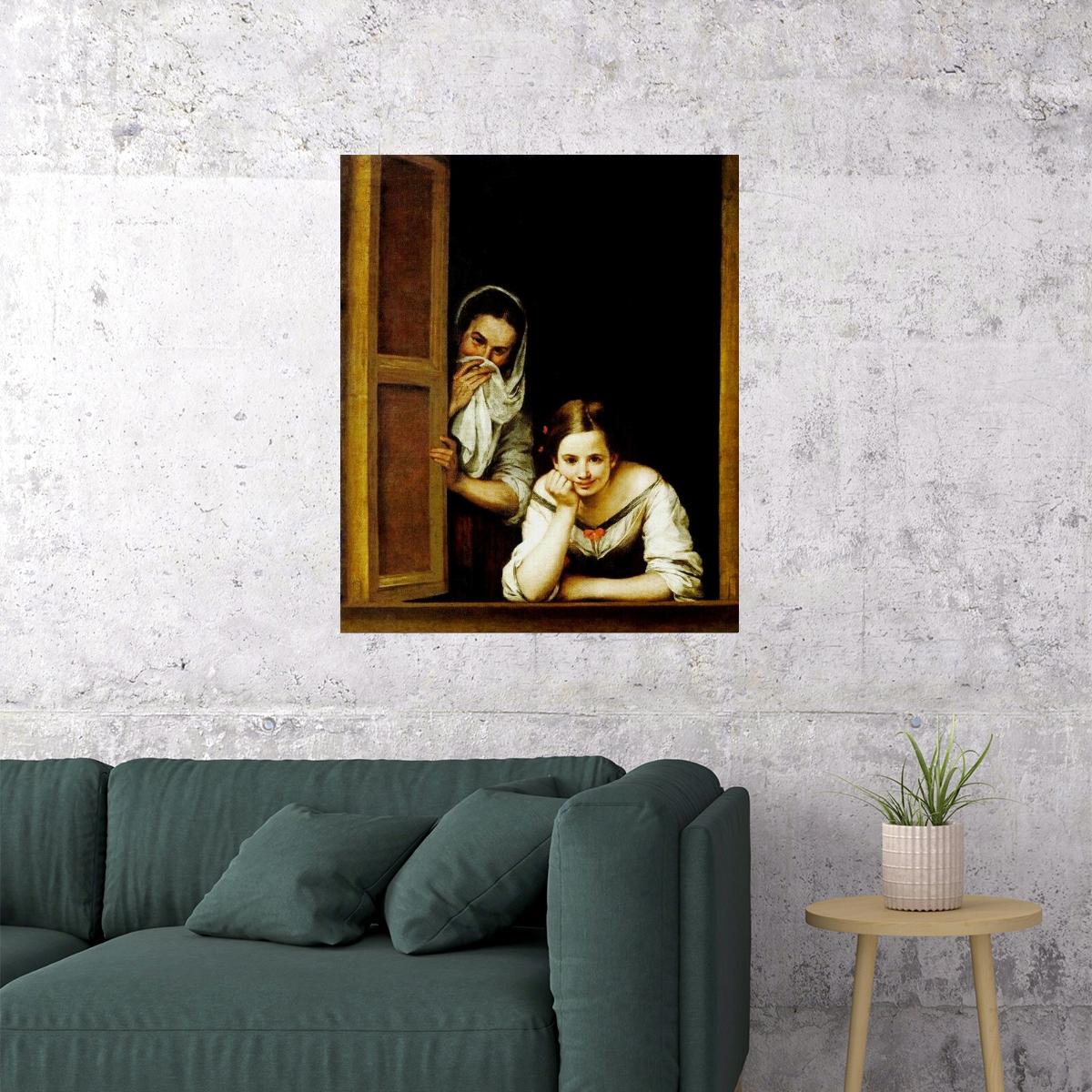 TWO WOMEN AT A WINDOW 1655 SPANISH PAINTING BY BARTOLOME ESTEBAN MURILLO POSTER