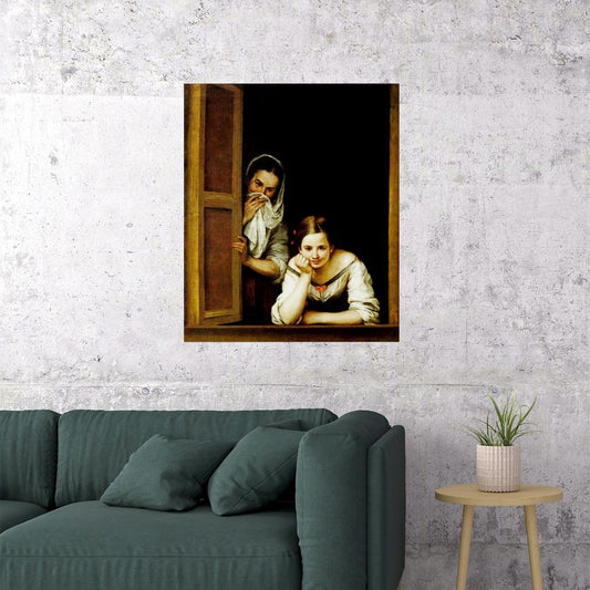 TWO WOMEN AT A WINDOW 1655 SPANISH PAINTING BY BARTOLOME ESTEBAN MURILLO POSTER