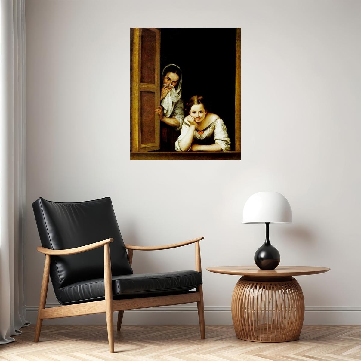 TWO WOMEN AT A WINDOW 1655 SPANISH PAINTING BY BARTOLOME ESTEBAN MURILLO POSTER