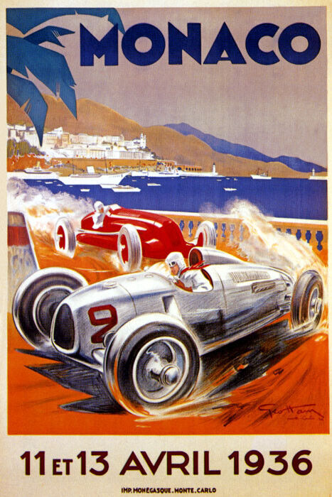 1936 CAR AUTOMOBILE STREET RACING GRAND PRIX MONACO VINTAGE POSTER