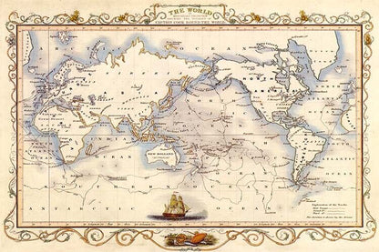 WORLD OLD MAP MERCATOR CAPTAIN COOK GLOBE TRAVEL SAILBOAT BOAT FINE POSTER