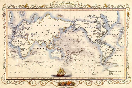 WORLD OLD MAP MERCATOR CAPTAIN COOK GLOBE TRAVEL SAILBOAT BOAT FINE POSTER