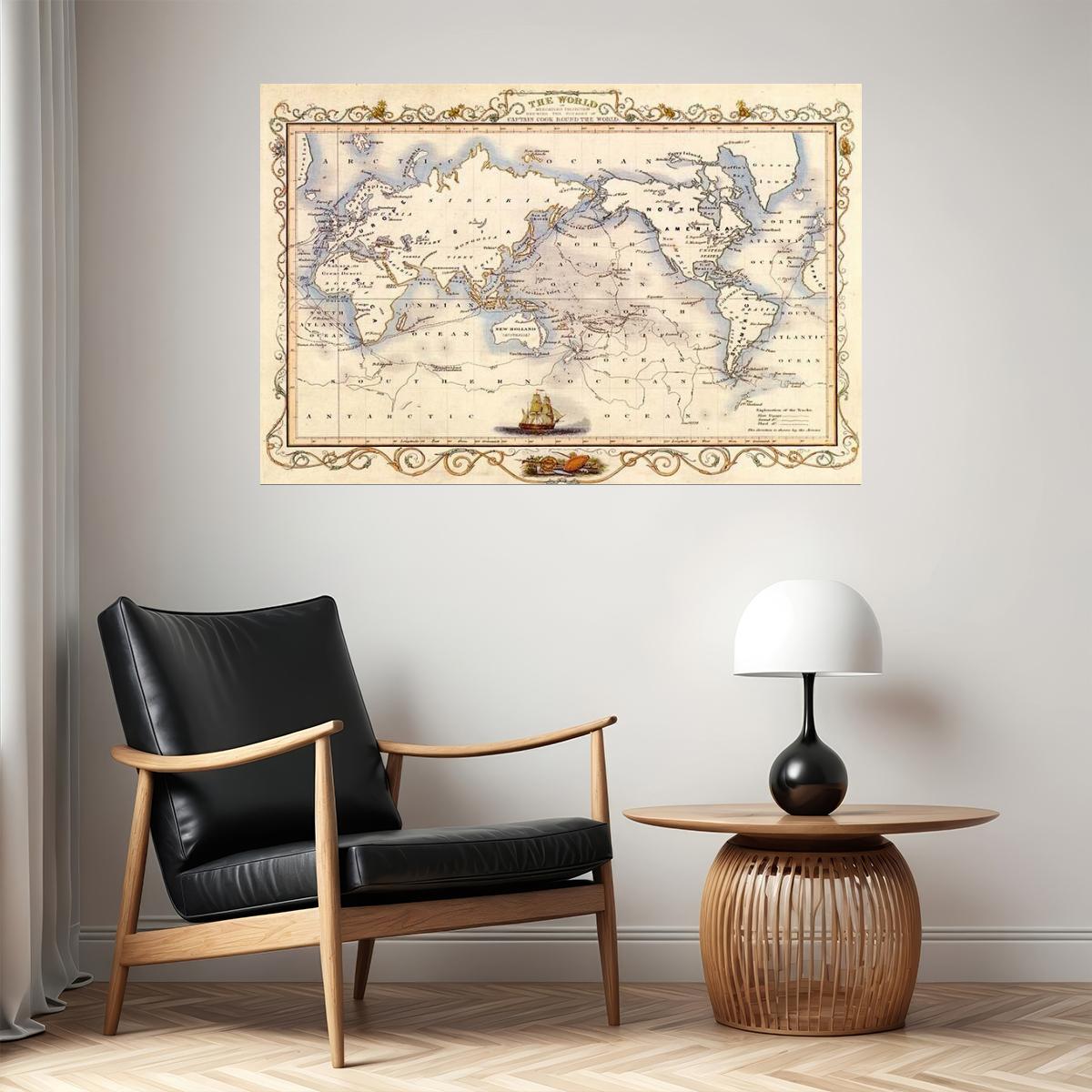 WORLD OLD MAP MERCATOR CAPTAIN COOK GLOBE TRAVEL SAILBOAT BOAT FINE POSTER