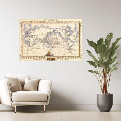 WORLD OLD MAP MERCATOR CAPTAIN COOK GLOBE TRAVEL SAILBOAT BOAT FINE POSTER