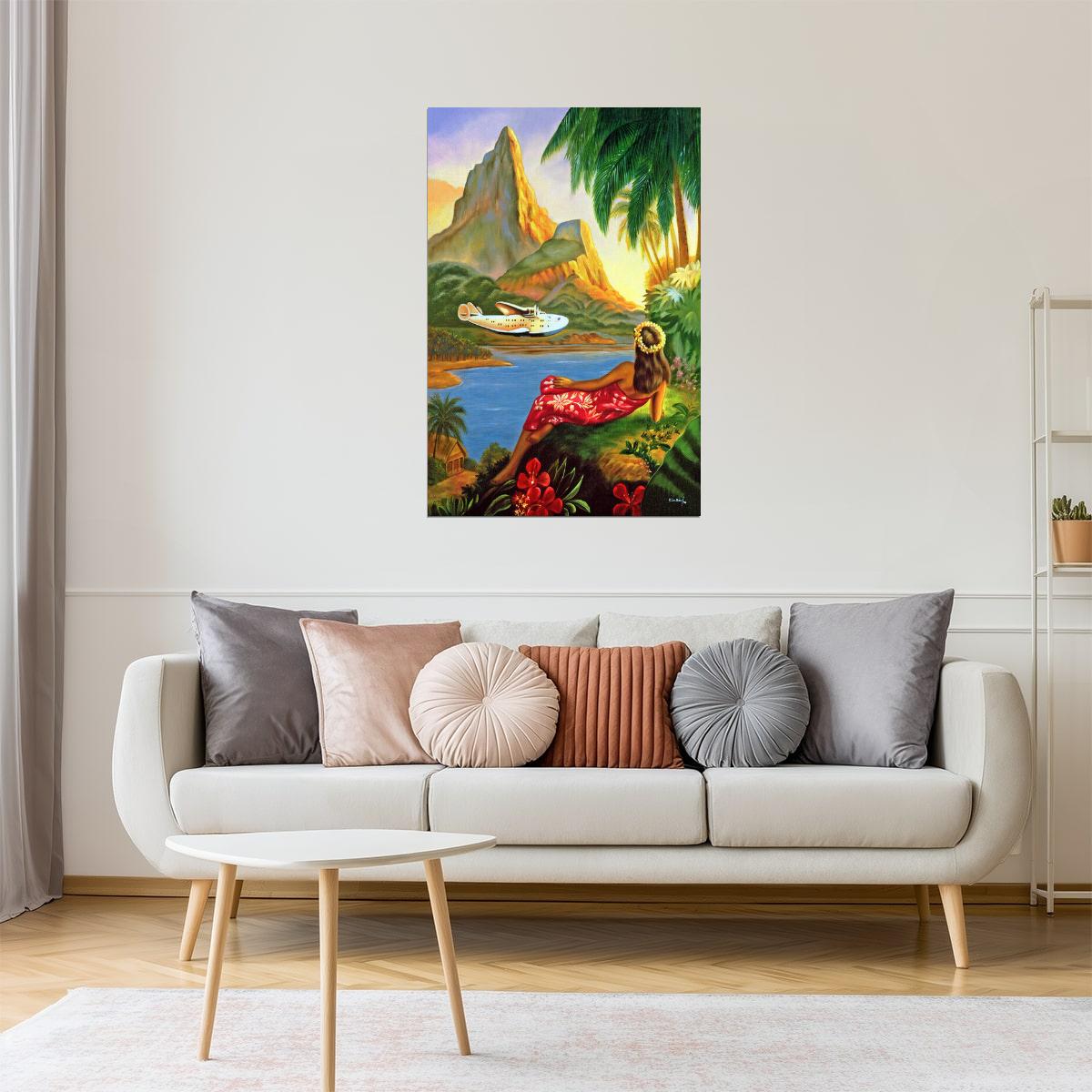 HAWAII HULA DANCE AIRPLANE BEACH VACATION TRAVEL TOURISM VINTAGE POSTER