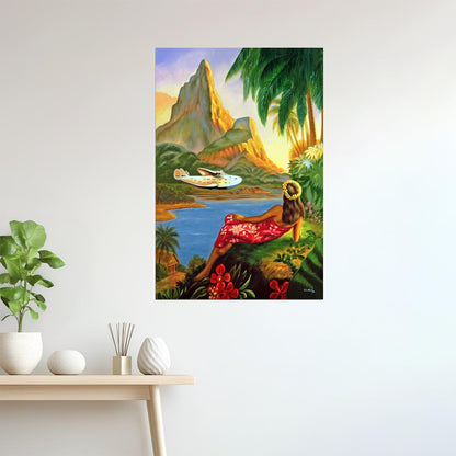 HAWAII HULA DANCE AIRPLANE BEACH VACATION TRAVEL TOURISM VINTAGE POSTER