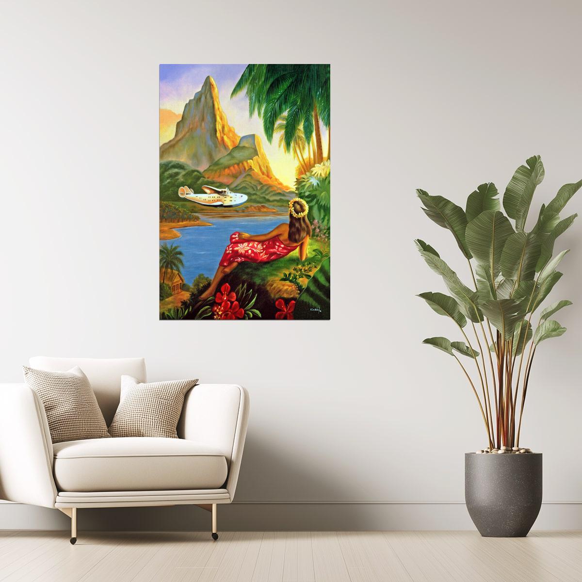 HAWAII HULA DANCE AIRPLANE BEACH VACATION TRAVEL TOURISM VINTAGE POSTER