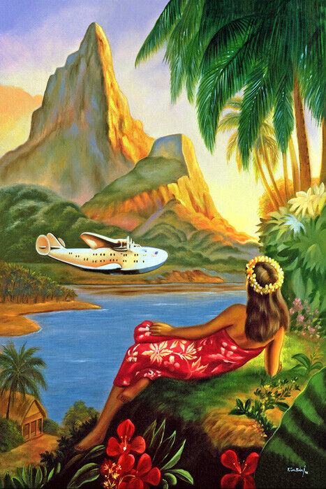 HAWAII HULA DANCE AIRPLANE BEACH VACATION TRAVEL TOURISM VINTAGE POSTER