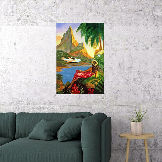 HAWAII HULA DANCE AIRPLANE BEACH VACATION TRAVEL TOURISM VINTAGE POSTER