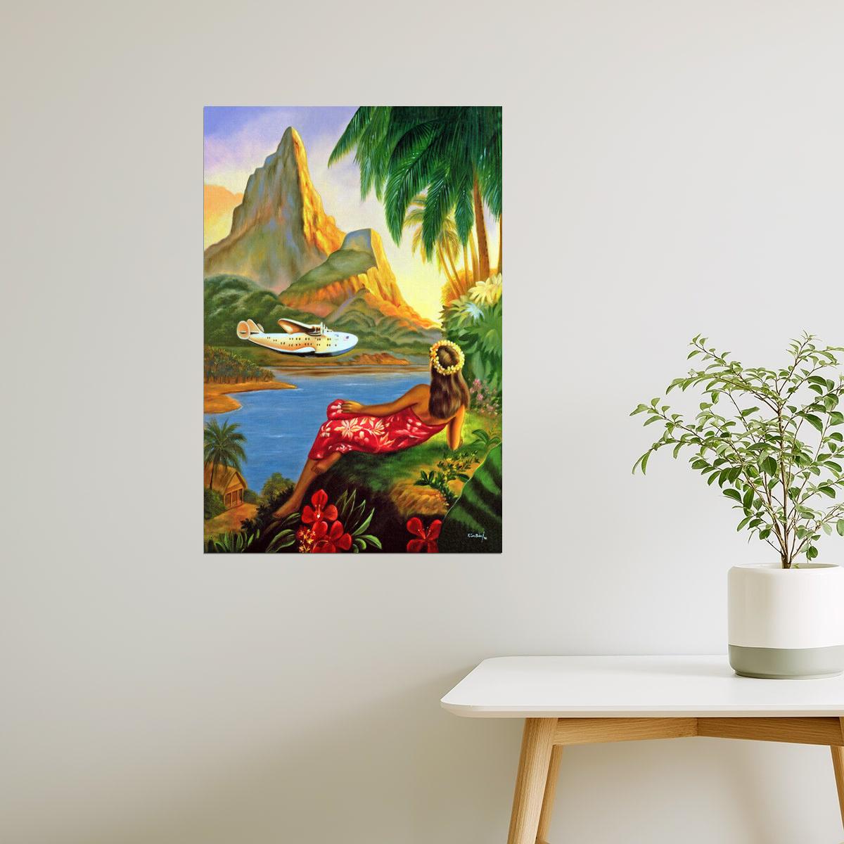 HAWAII HULA DANCE AIRPLANE BEACH VACATION TRAVEL TOURISM VINTAGE POSTER