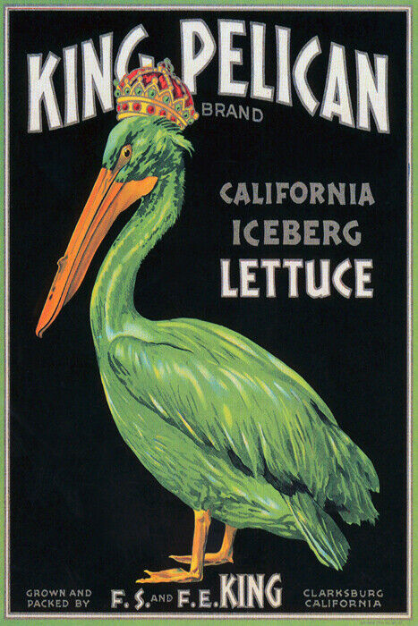 CALIFORNIA KING PELICAN BIRD ICEBERG LETTUCE CRATE LABEL US VINTAGE POSTER