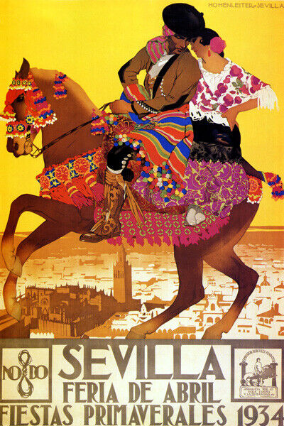 SEVILLA FERIA DE ABRIL FIESTAS PRIMAVERALES 1934 SPAIN HORSE VINTAG POSTER