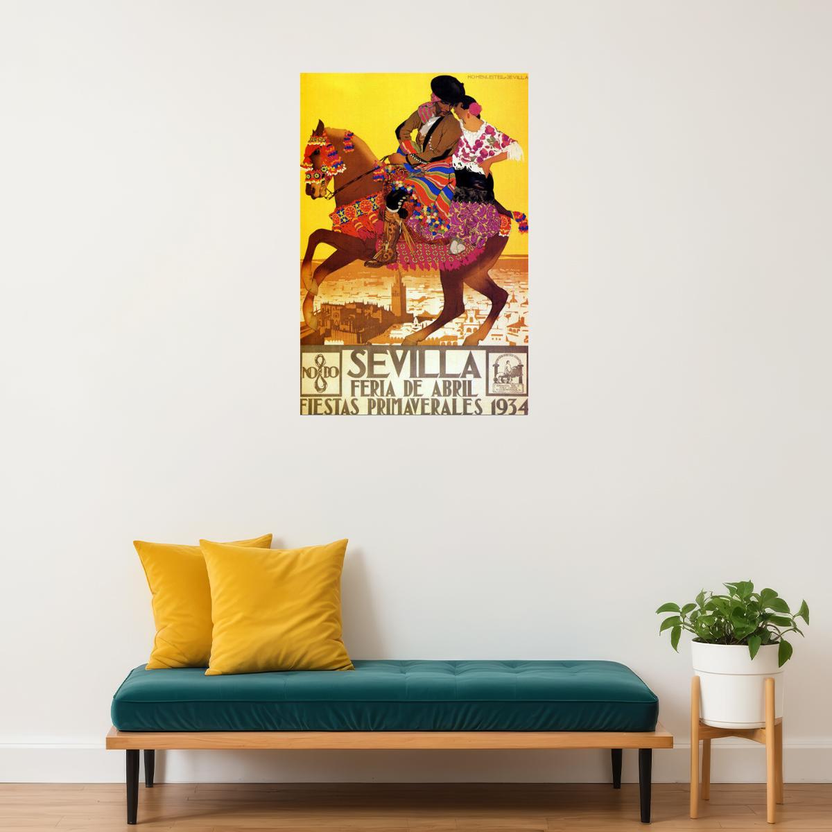 SEVILLA FERIA DE ABRIL FIESTAS PRIMAVERALES 1934 SPAIN HORSE VINTAG POSTER