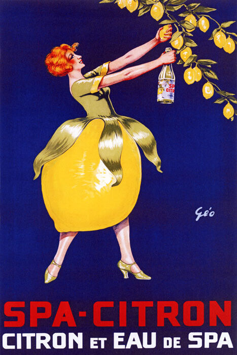SPA CITRON LEMON AND MINERAL WATER DRINK WOMAN LEMON SKIRT VINTAGE POSTER