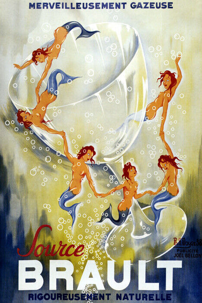 FRENCH SPARKLING WATER SOURCE BRAULT MERMAID BUBBLES GLASS VINTAGE POSTER