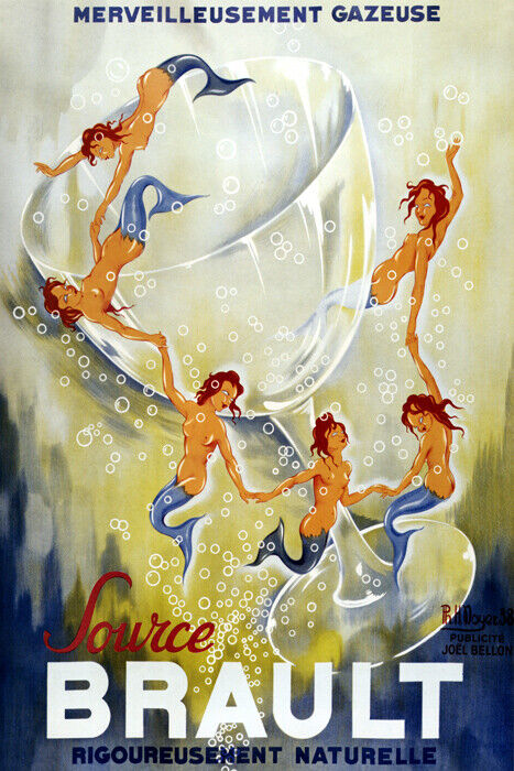 FRENCH SPARKLING WATER SOURCE BRAULT MERMAID BUBBLES GLASS VINTAGE POSTER