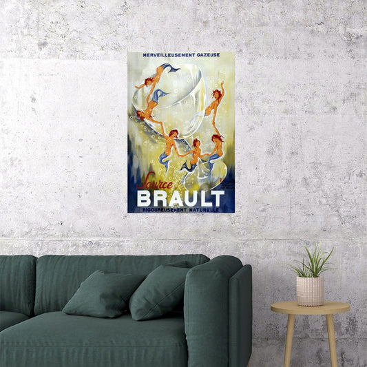 FRENCH SPARKLING WATER SOURCE BRAULT MERMAID BUBBLES GLASS VINTAGE POSTER