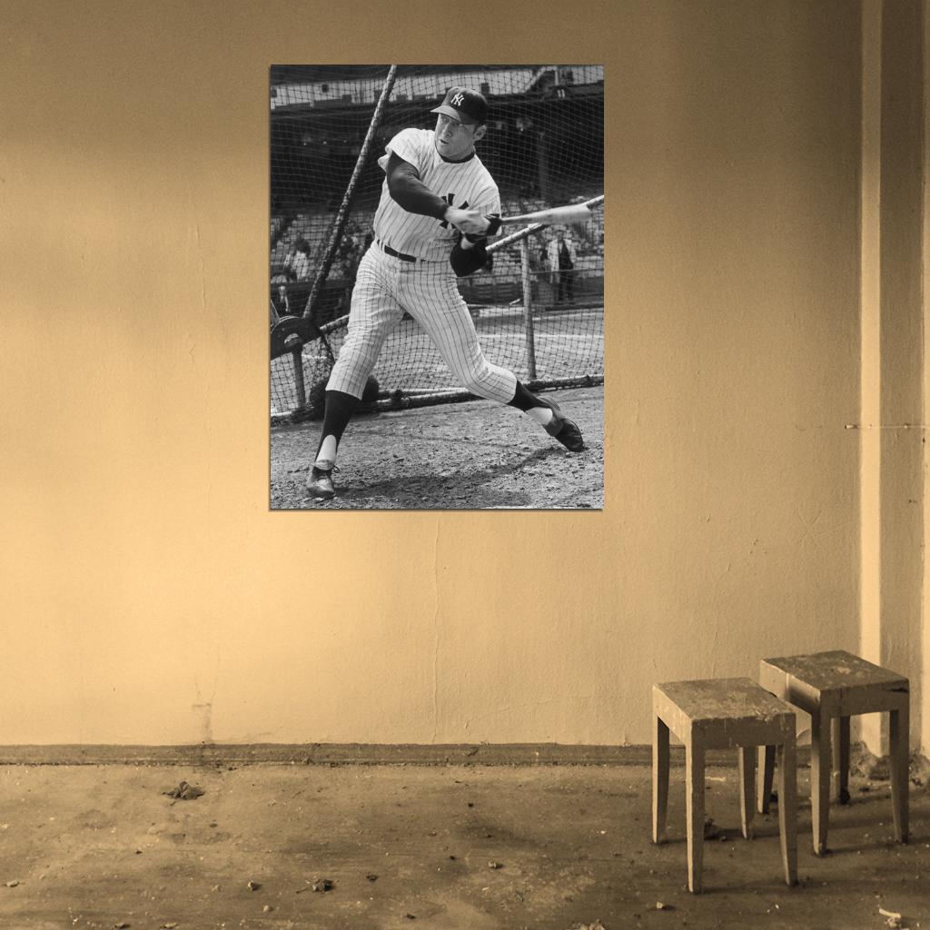 Mickey Mantle Vintage Retro BW Classic Baseball Sport Wall Art Print Poster