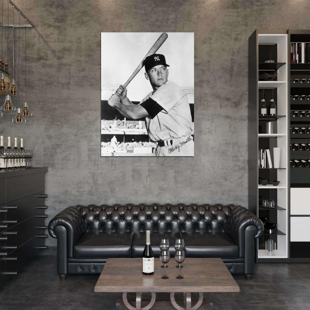 Mickey Mantle Signature Vintage Retro Classic BW Baseball Sport Wall Art Print Poster
