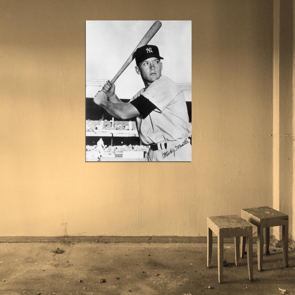 Mickey Mantle Signature Vintage Retro Classic BW Baseball Sport Wall Art Print Poster